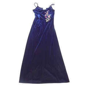 VTG Y2K Papell Boutique Evening Navy Velvet Floral Embroidered Maxi Dress Sz 14